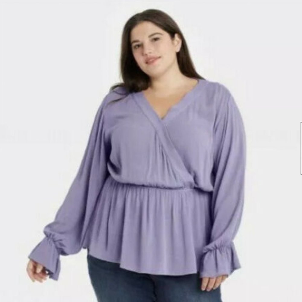 Plus Size Ava & Viv Women's Violet Long Sleeve Gauze Wrap Blouse-NWT-X